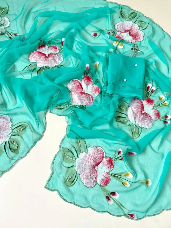 Blue_Chiffon_Hand_Painted_Saree_For_Women