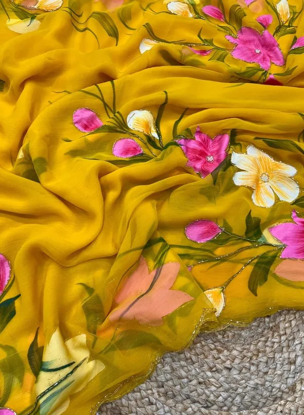 Yellow_Chiffon_Hand_Painted_Saree_For_Women
