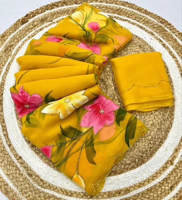 Yellow_Chiffon_Hand_Painted_Saree_For_Women