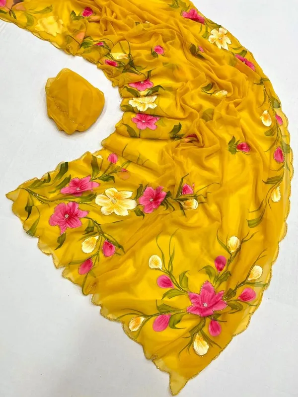 Yellow_Chiffon_Hand_Painted_Saree_For_Women