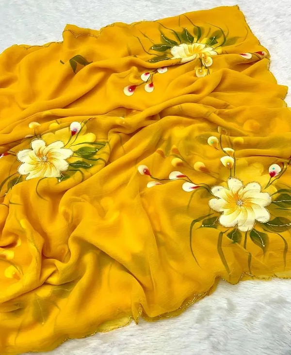 Yellow_Chiffon_Hand_Painted_Saree_For_Women
