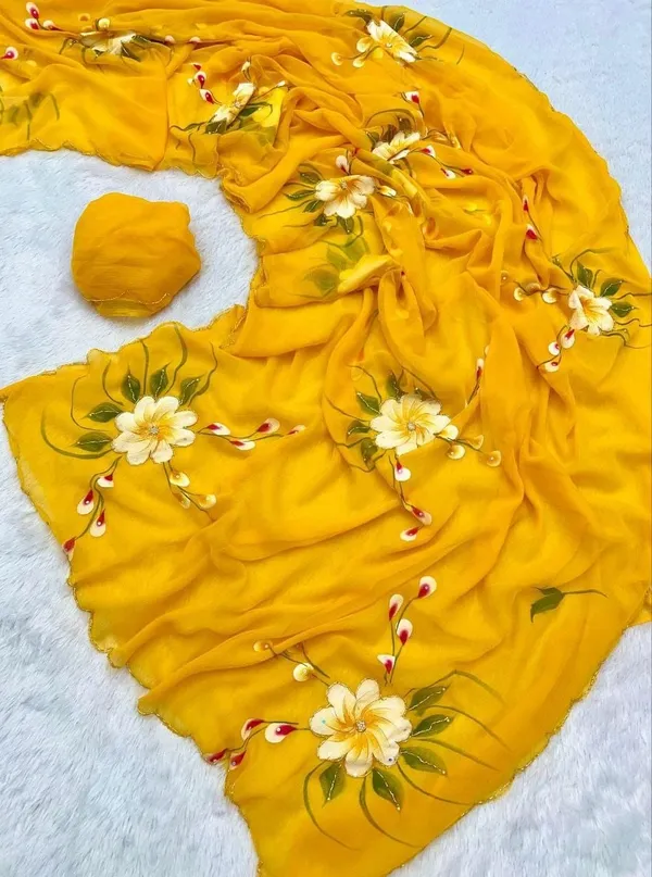 Yellow_Chiffon_Hand_Painted_Saree_For_Women