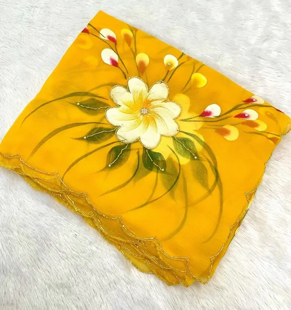 Yellow_Chiffon_Hand_Painted_Saree_For_Women