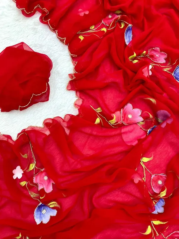 Red_Chiffon_Hand_Painted_Saree_For_Women