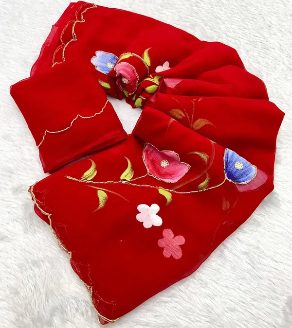 Red_Chiffon_Hand_Painted_Saree_For_Women