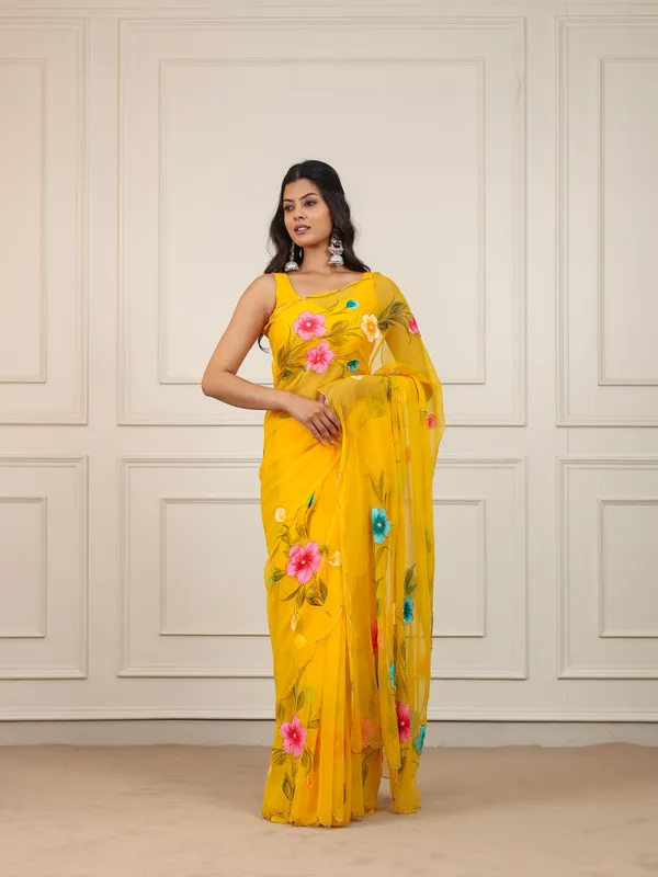 Yellow_Chiffon_Hand_Painted_Saree_For_Women