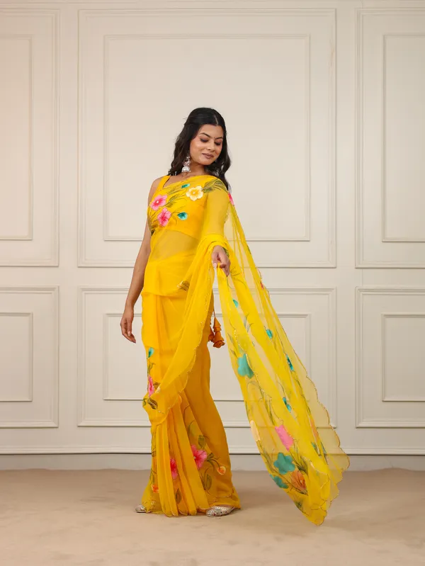 Yellow_Chiffon_Hand_Painted_Saree_For_Women