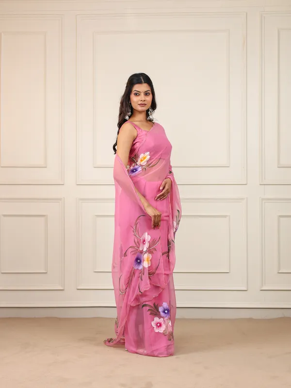 Pink_Chiffon_Hand_Painted_Saree_For_Women