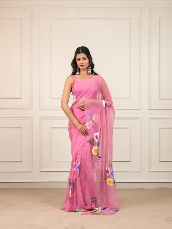 Pink_Chiffon_Hand_Painted_Saree_For_Women