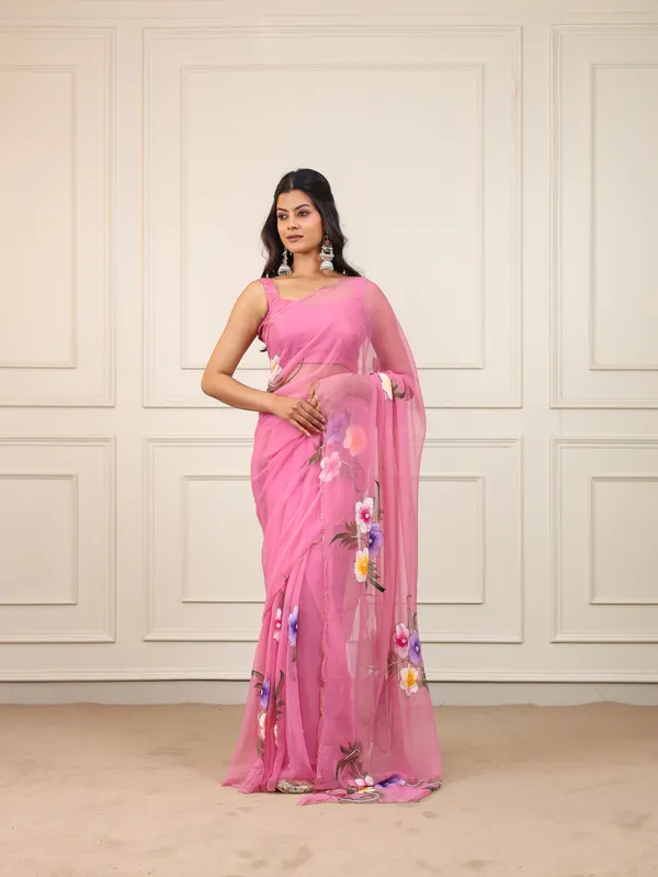 Pink_Chiffon_Hand_Painted_Saree_For_Women