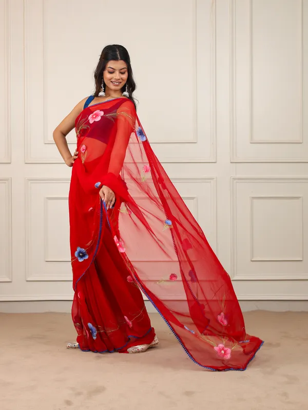 Red_Chiffon_Hand_Painted_Saree_For_Women