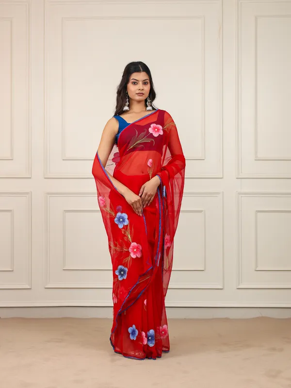 Red_Chiffon_Hand_Painted_Saree_For_Women