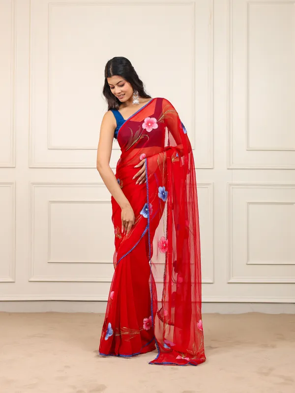 Red_Chiffon_Hand_Painted_Saree_For_Women