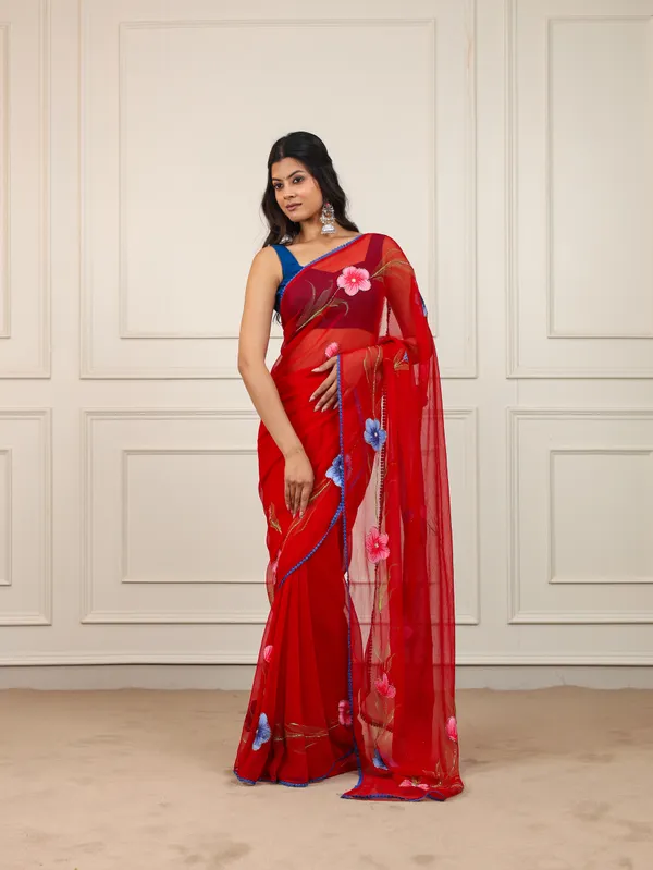 Red_Chiffon_Hand_Painted_Saree_For_Women