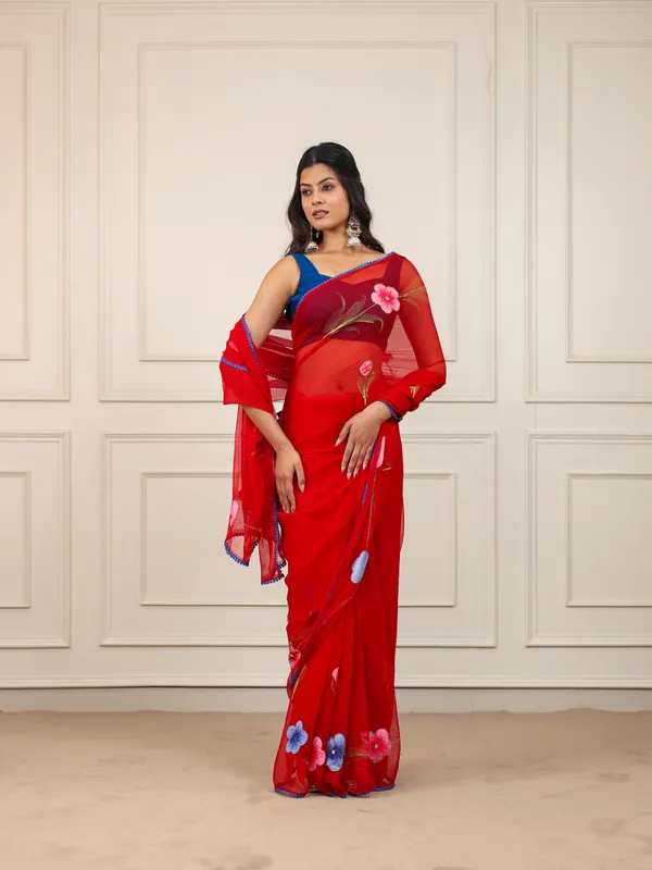 Red_Chiffon_Hand_Painted_Saree_For_Women