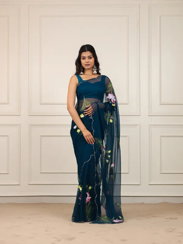 Blue_Chiffon_Hand_Painted_Saree_For_Women