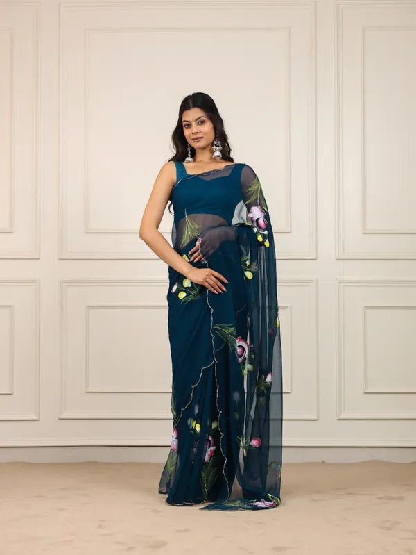 Blue_Chiffon_Hand_Painted_Saree_For_Women