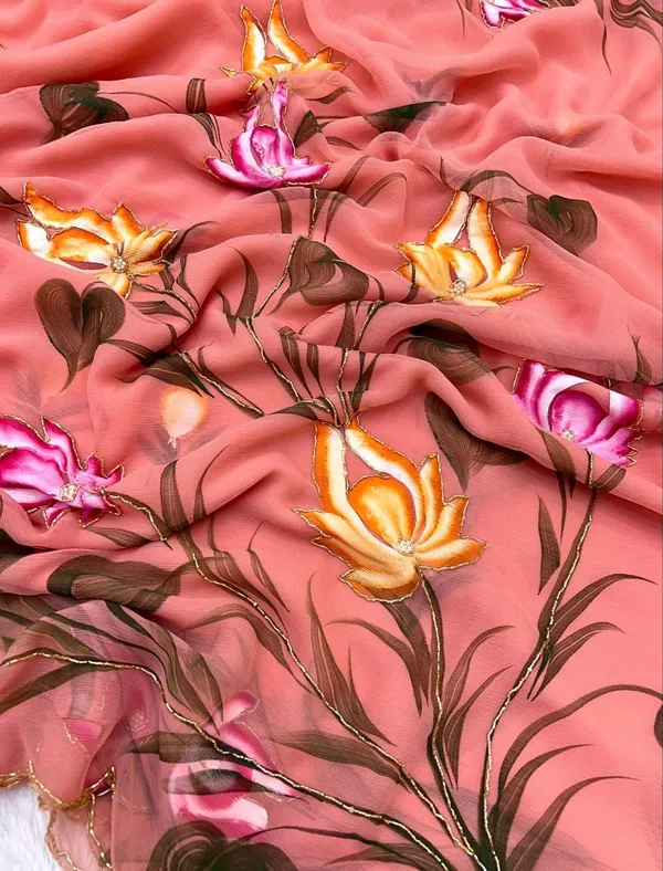 Peach_Chiffon_Hand_Painted_Saree_For_Women