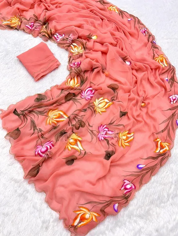 Peach_Chiffon_Hand_Painted_Saree_For_Women