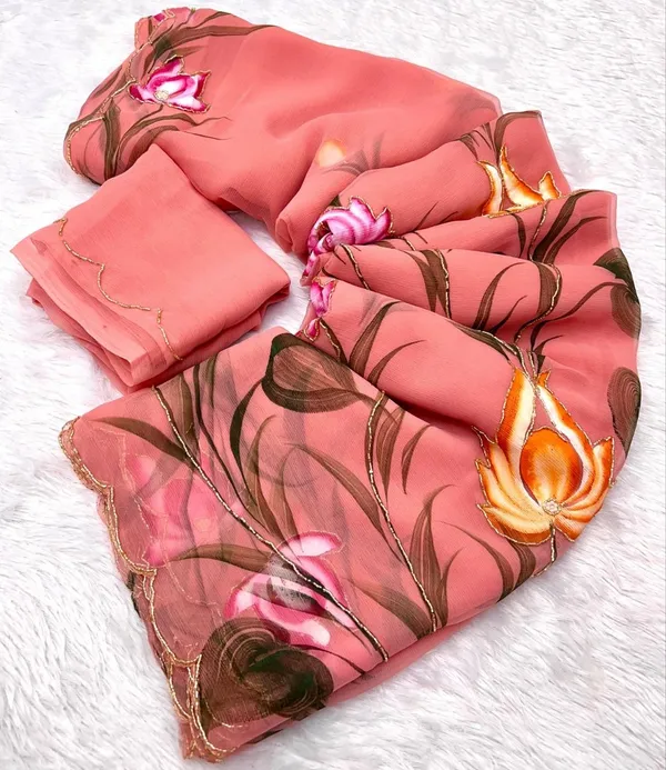 Peach_Chiffon_Hand_Painted_Saree_For_Women
