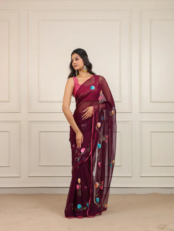 Purple_Chiffon_Hand_Painted_Saree_For_Women