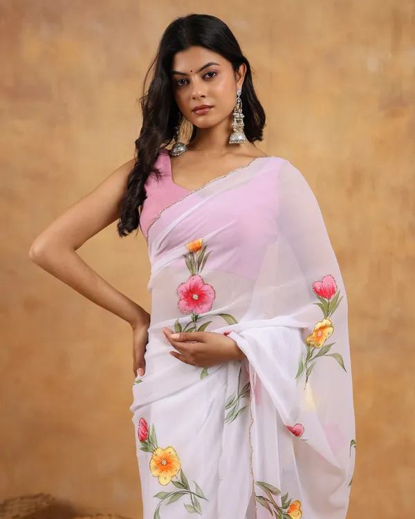 White_Georgette_Hand_Painted_Saree_For_Women
