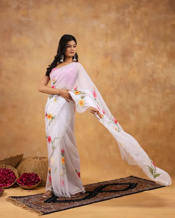 White_Georgette_Hand_Painted_Saree_For_Women