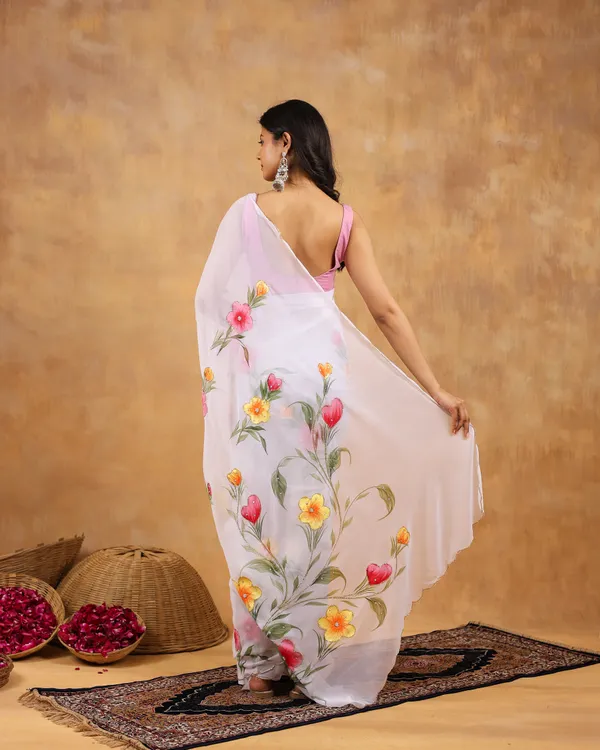 White_Georgette_Hand_Painted_Saree_For_Women