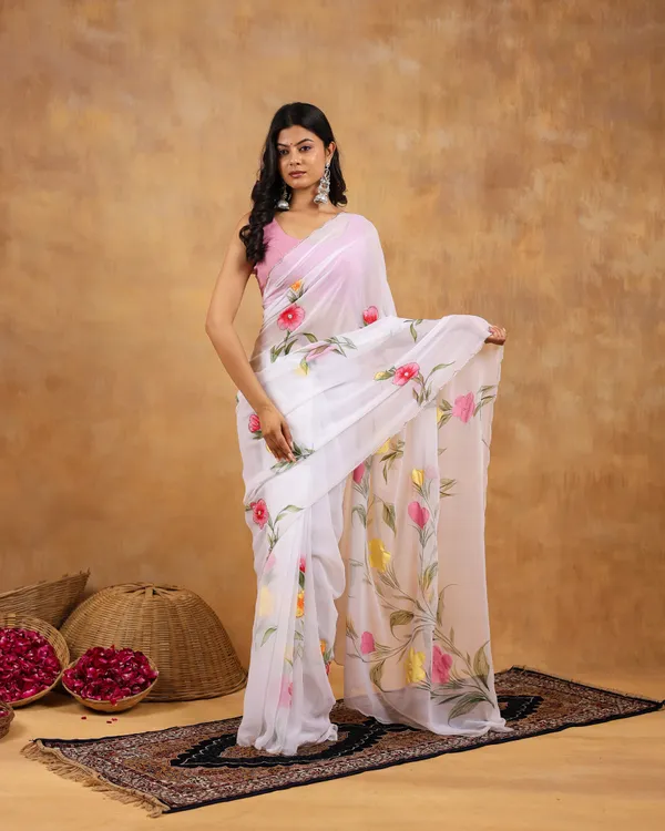 White_Georgette_Hand_Painted_Saree_For_Women