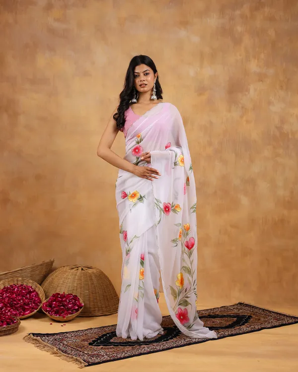 White_Georgette_Hand_Painted_Saree_For_Women