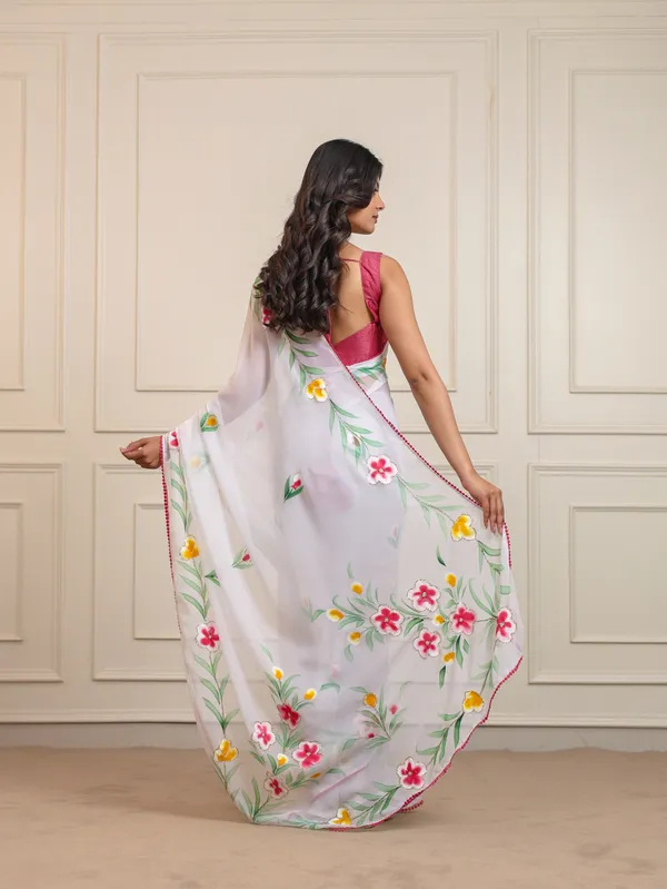 White_Georgette_Hand_Painted_Saree_For_Women