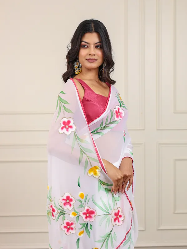 White_Georgette_Hand_Painted_Saree_For_Women