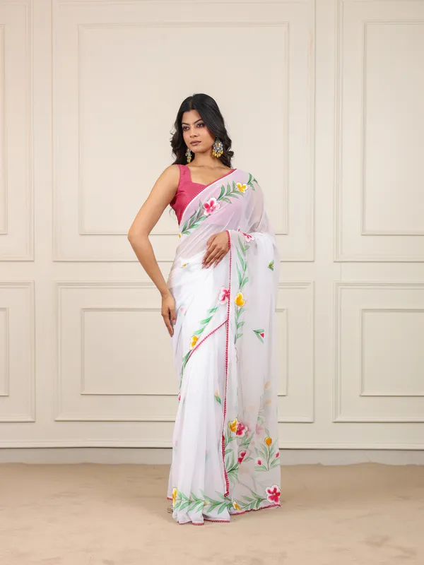 White_Georgette_Hand_Painted_Saree_For_Women
