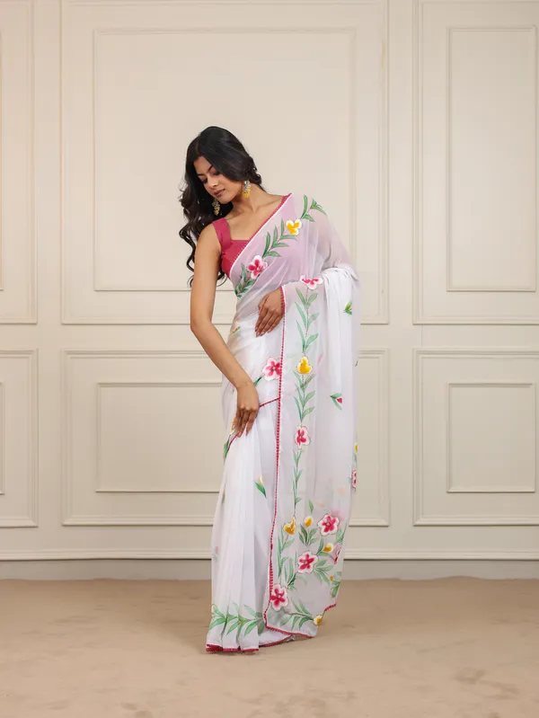 White_Georgette_Hand_Painted_Saree_For_Women