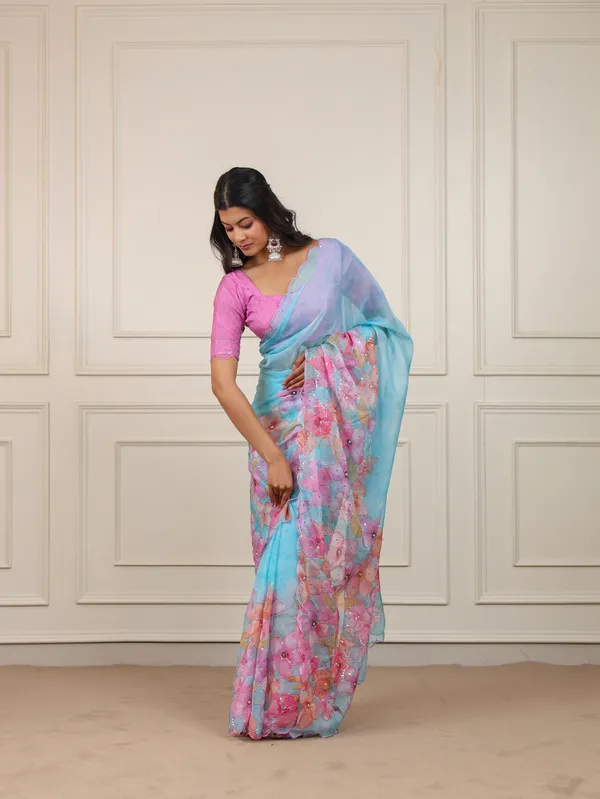 Blue_And_Pink_Organza_Printed_Moti_Work_Saree_For_Women