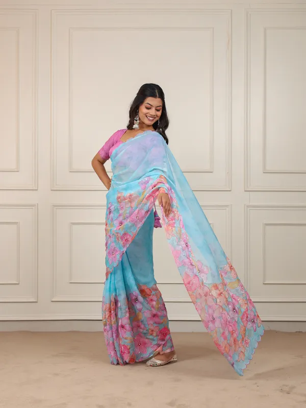 Blue_And_Pink_Organza_Printed_Moti_Work_Saree_For_Women