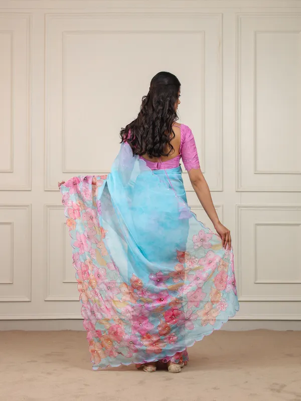 Blue_And_Pink_Organza_Printed_Moti_Work_Saree_For_Women