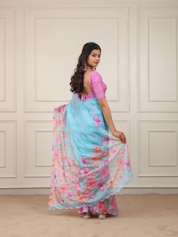 Blue_And_Pink_Organza_Printed_Moti_Work_Saree_For_Women