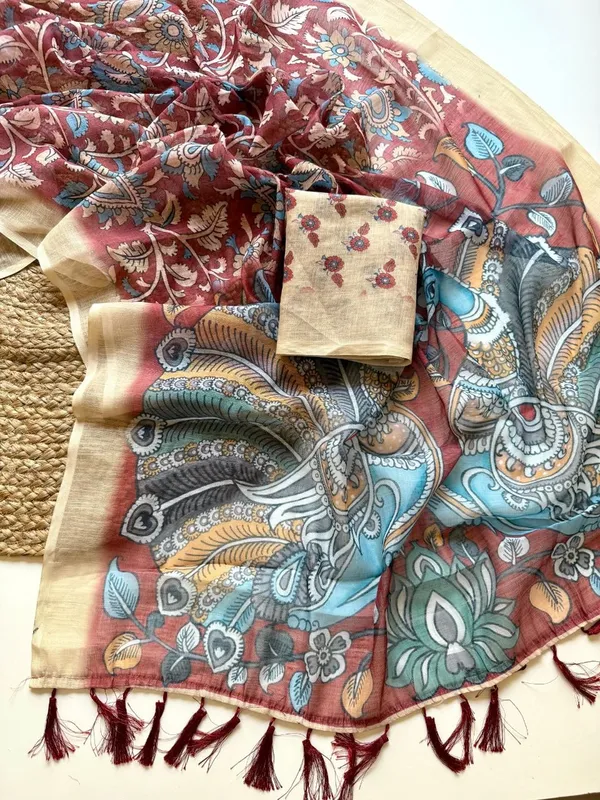 Maroon_Linen_Printed_Latkan_Saree_For_Women
