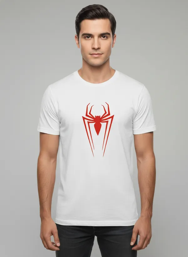 White_Cotton_Regular_Fit_Spider_Logo_Graphic_T-Shirt_For_Men