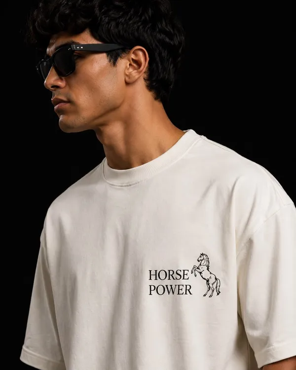 Off_White_Cotton_Oversized_Fit_Horse_Power_Graphic_T-Shirt_For_Men