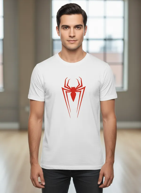 White_Cotton_Regular_Fit_Spider_Logo_Graphic_T-Shirt_For_Men