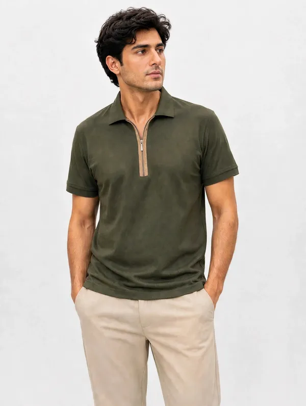 Olive_Green_Zip-Neck_Polo_T-Shirt