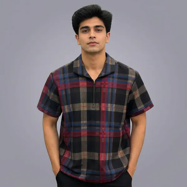 Multicolor__Plaid_Short_Sleeve_Polo_T-Shirt_For_Men