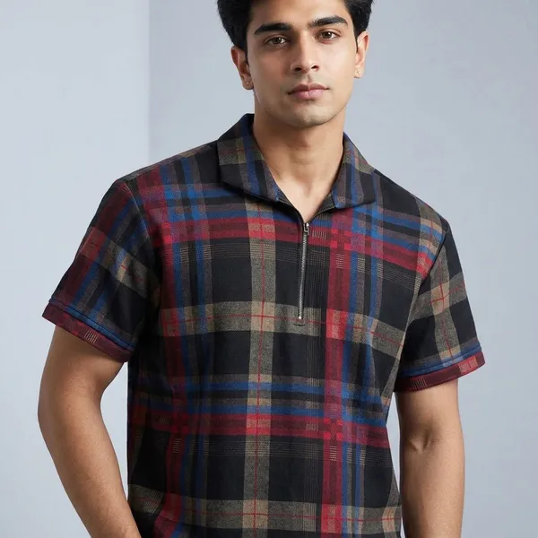 Multicolor__Plaid_Short_Sleeve_Polo_T-Shirt_For_Men