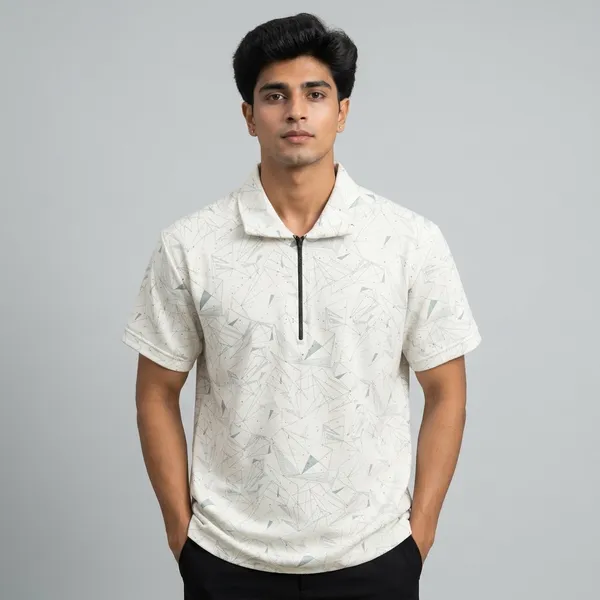 White_Textured_Polo_T-Shirt_With_Zipper_Collar_For_Men