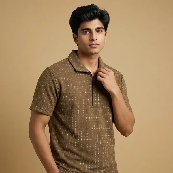 Brown_Checkered_Half_Zip_Polo_T-Shirt_For_Men