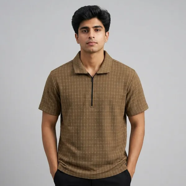 Brown_Checkered_Half_Zip_Polo_T-Shirt_For_Men