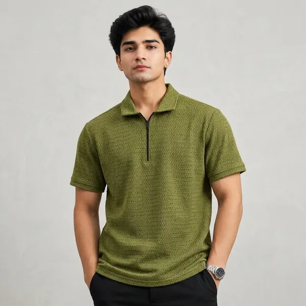 Green_Textured_Short_Sleeve_Polo_T-Shirt_For_Men