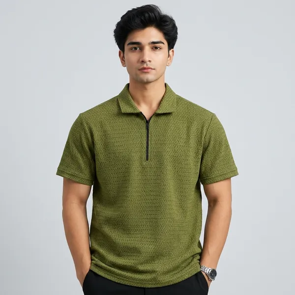 Green_Textured_Short_Sleeve_Polo_T-Shirt_For_Men
